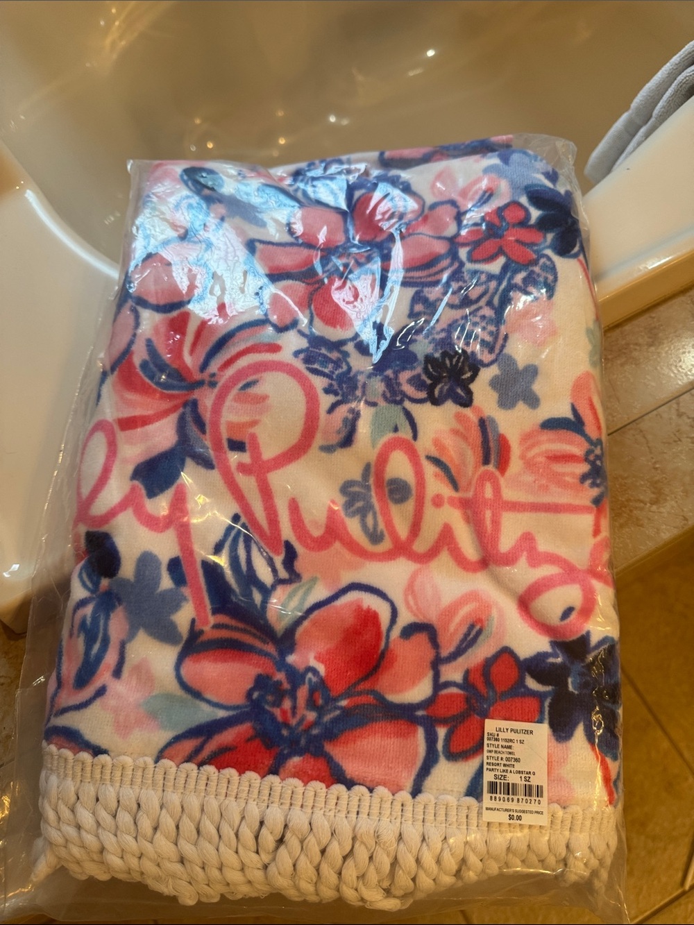 Lilly Pulitzer Pink, Blue & White Floral Logo beach towel